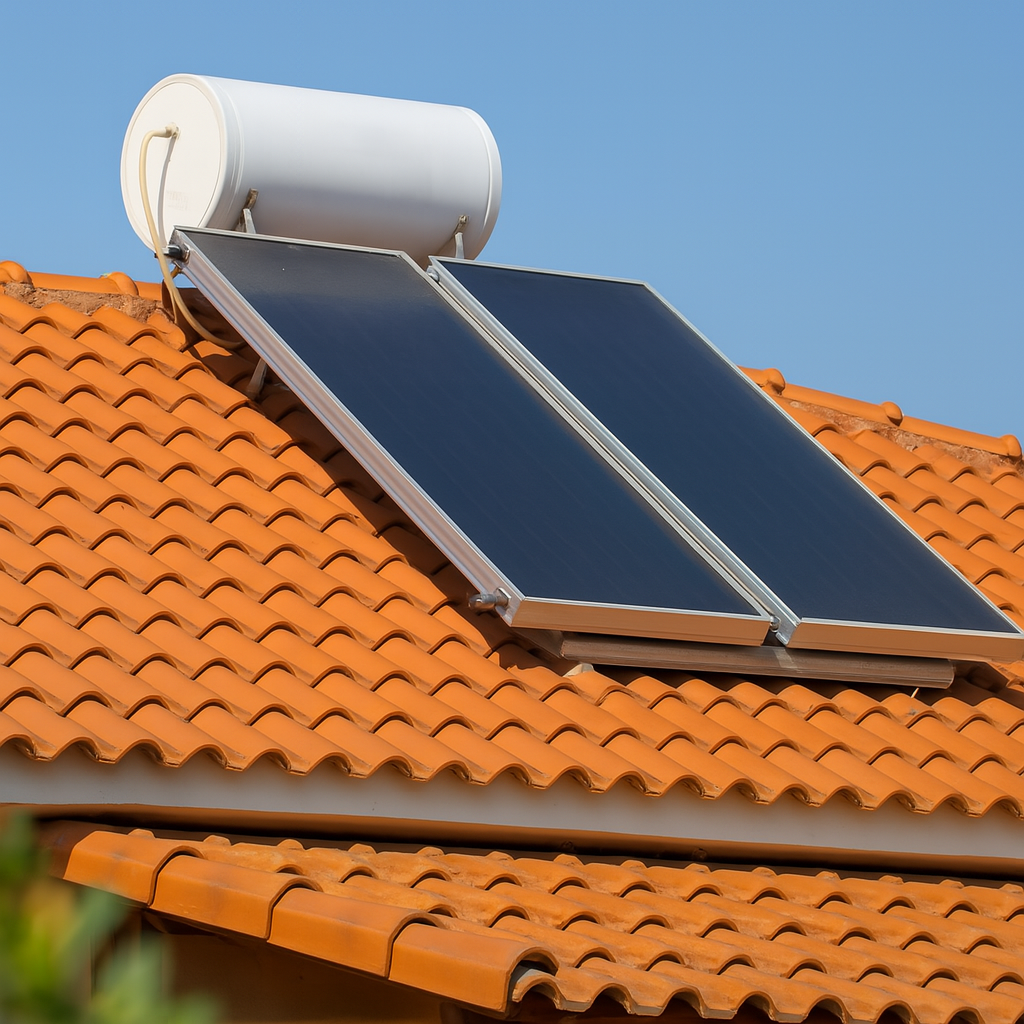 Panneaux solaires thermiques sur un toit et ballon de stockage à l'intérieur