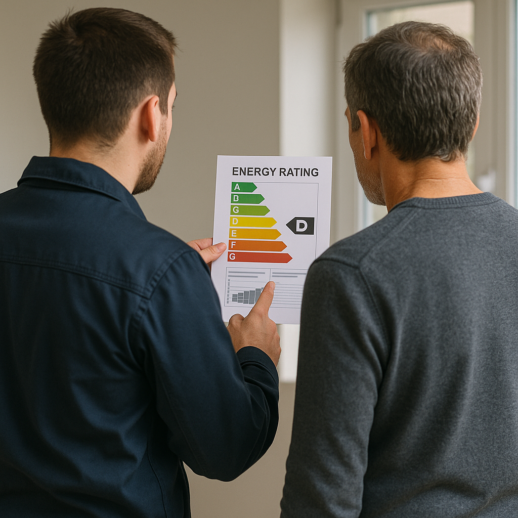Technicien expliquant un bilan énergétique à un client